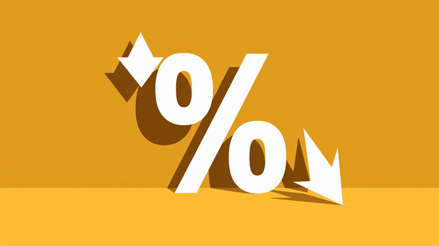 White percentage symbol with downward arrows on yellow background, showcasing price reduction or discount concept, ideal for sale banners or promotional materials