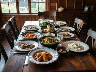 Vibrant Array of Culinary Delights Showcasing Diverse Dishes on an Elegant Dining Table Setting