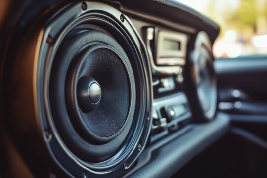 Car's subwoofer speaker pulsating with vibrant colors set against a dark background at a music festival.