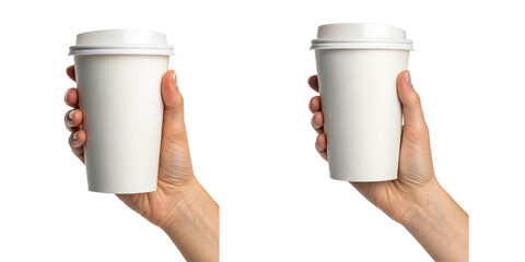 Two hands holding blank white takeaway coffee cups with lids.