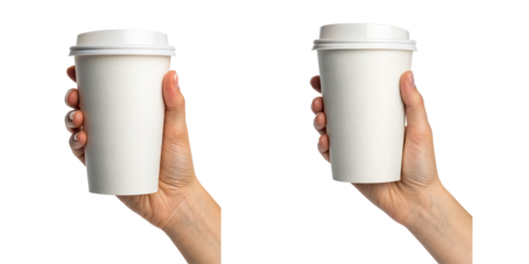Two hands holding blank white takeaway coffee cups with lids.