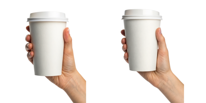Two hands holding blank white takeaway coffee cups with lids.
