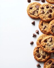 Delicious chocolate chip cookies arranged on a clean white background creating a visually appealing composition perfect for baking themed designs