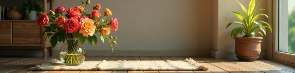 A bouquet of fresh flowers in a large glass vase on a wooden floor with a soft rug underneath, cozy ambiance, glass