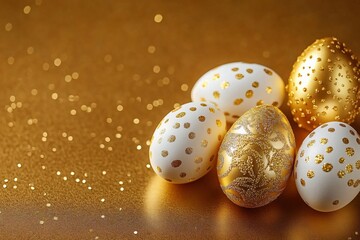 Obraz premium Elegant close-up of decorated Easter eggs on a matte bronze gold background, ideal for Easter card designs, decorations, and spring-themed events.