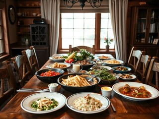 Abundant Table Spread Featuring Various Plates of Deliciously Prepared Foods Inviting Gatherings and Joy