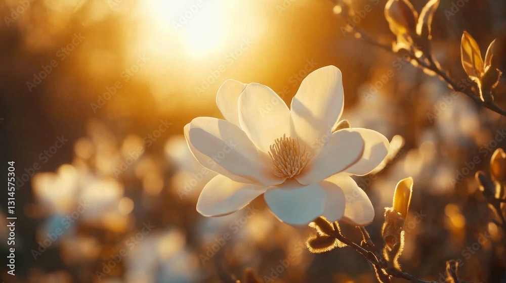 Poster delicate white magnolia flowers bask in the warm glow of the setting sun, creating a tranquil atmosp