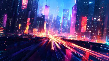 Obraz premium a dynamic urban cityscape with vibrant lights and motion blur. The image captures the energy and dynamism of a modern city, with streaks of light creating a sense of speed and movement