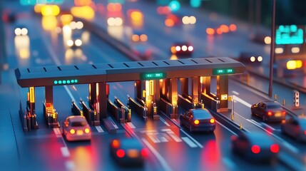 A close-up of a highway toll booth on an expressway, with cars lined up and electronic payment systems visible, showcasing the modern tolling infrastructure.