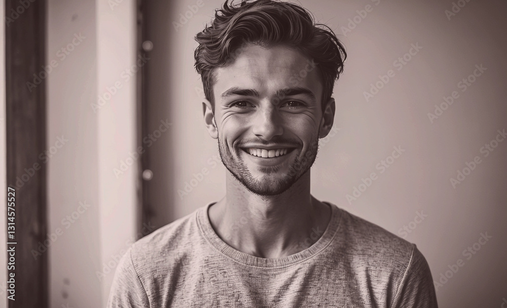 Aufkleber man with a beard and a smile is wearing a gray shirt. he is smiling and looking at the camera