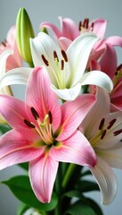 Obraz premium A bouquet of white and pink lilies in a bunch, flowers, bunch
