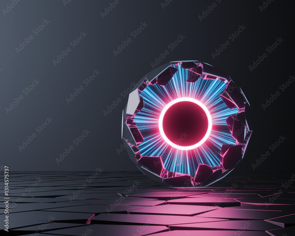 Poster shattered sphere with neon blue and pink light emanating from its core, resting on a fractured dark 