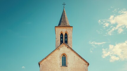 Fototapeta premium Ancient Church Steeple Against a Clear Sky
