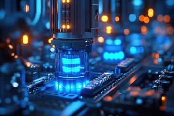 Futuristic Technology: Close-up of a Blue and Orange Circuit Board with Advanced Mechanism