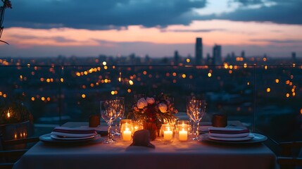 a romantic rooftop dinner setting with candles and city lights in the background during dusk 