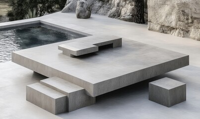 Modern concrete patio furniture by pool with rock background