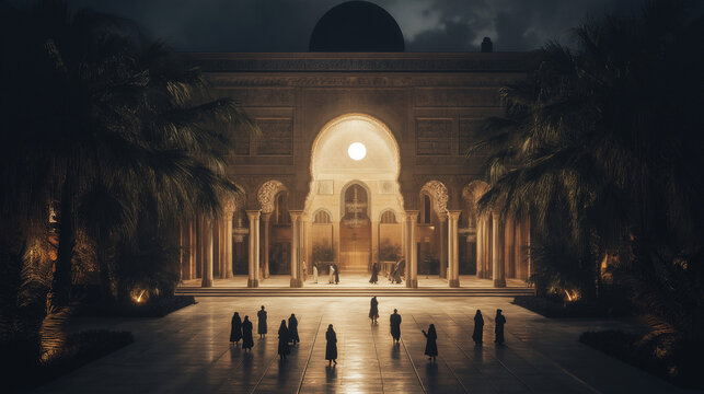 The inner courtyard of an ancient mosque, highlighted by evening lighting, with figures of people, palm trees, and a colonnade, creating a serene and atmospheric scene.