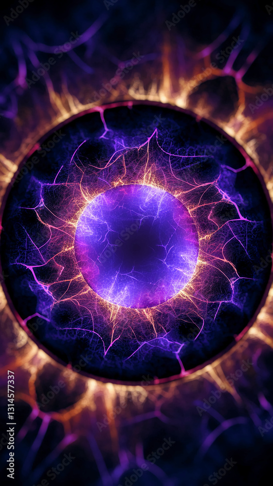 Poster abstract image of purple and orange energy radiating from a central core, creating a dynamic and vib