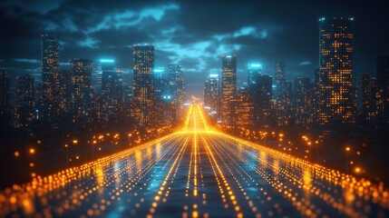 Naklejka premium Futuristic Cityscape: Illuminated Highway Leading to a Glowing Metropolis at Night