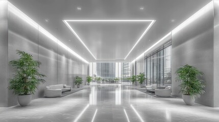 Modern minimalist office lobby interior design: sleek lines, bright lighting, and serene atmosphere.
