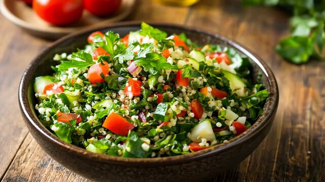 Fresh tabbouleh salad served in a rustic bowl with vegetables and herbs prepared in a kitchen setting