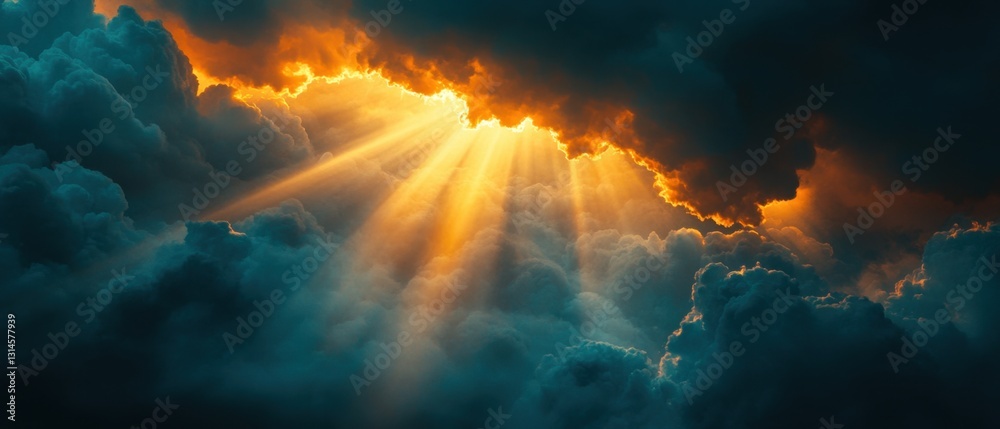 Wall mural dramatic sky with sun rays piercing through dark clouds creating a celestial and ethereal atmosphere