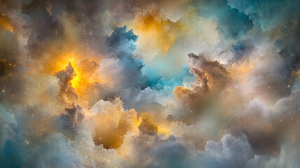 Abstract image of the sky. The nebulous illustration has gold, blue, and white colors with a cloudy texture