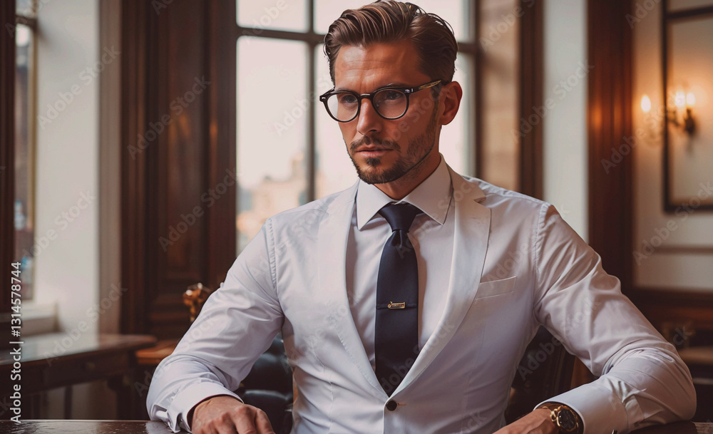 Poster Man in a suit and tie sits in a chair in front of a window. He is wearing glasses and a tie with a gold clasp