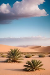 A surreal desert landscape featuring giant, colorful sand dunes, a sparkling oasis surrounded by palm trees, and a sky filled with swirling clouds