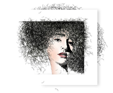 Here is a drawing of a beautiful girl with curly hair that can&rsquo;t be contained. This is a 3-d illustration with text area and copy space.