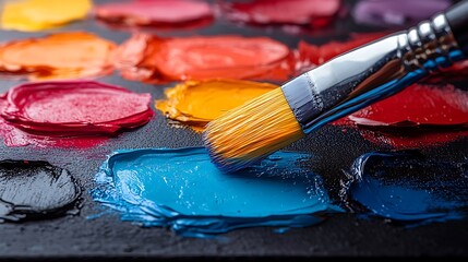 Obraz premium A dramatic paintbrush eruption with bright splashes of paint on a multicolored palette