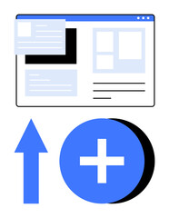 Web browser window with grid layout, upward arrow, and circular add button representing progress, content creation, and user interaction. Ideal for growth, design, interface, productivity action