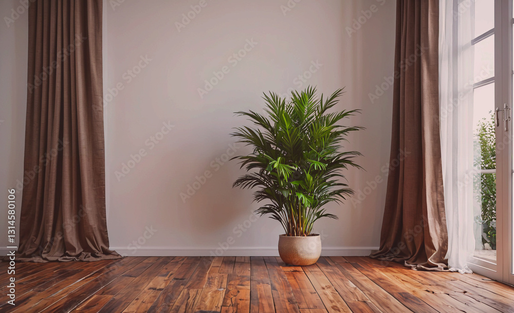 Aufkleber large plant sits in a pot on a wooden floor in a room with brown curtains. the room is empty and has