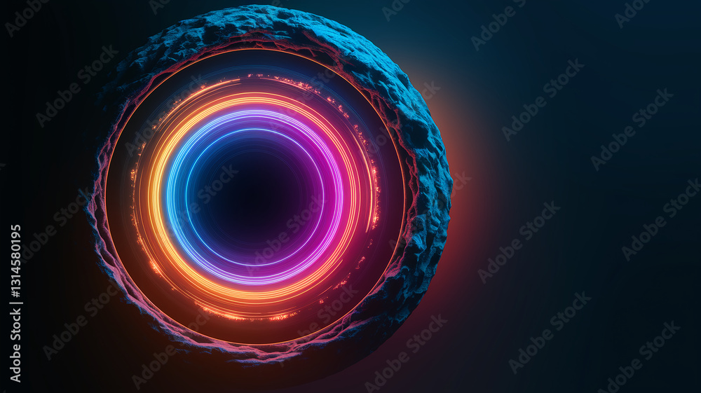 Poster abstract image of a rocky surface with vibrant neon circles, creating a futuristic, cosmic effect. s