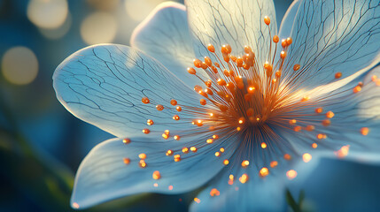 Realistic close-up animation of an advanced hybrid flower with digital veins, pulsing with light and adapting to artificial climate conditions 