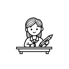 Smiling teacher holding pencil at desk, education symbol