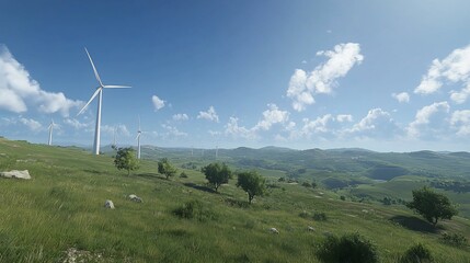 Wind turbines on a sunny, hilly landscape