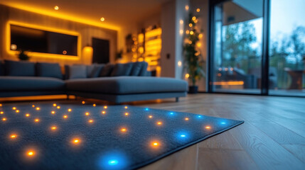 Home automation gadgets set up in a high-tech apartment, showcasing smart sensors, digital assistants, and cloud-connected appliances for seamless operation