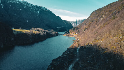 Fototapeta premium Nature in Norway. A small town in the mountains. Drone photo.