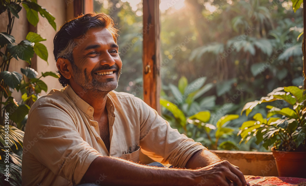Poster Man with a big smile is sitting in front of a window with plants. He is wearing a white shirt and he is enjoying the view