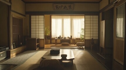 Fototapeta premium A high-resolution photo of the interior of a Japanese house, showcasing tatami mats, low wooden furniture, and a minimalist aesthetic with sliding doors and natural light.