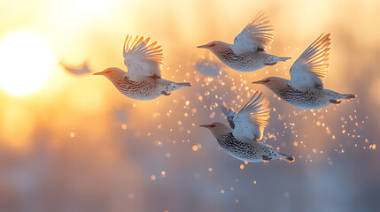 Fototapeta premium Four birds flying sunset winter snow nature