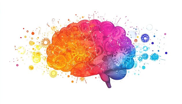 Brain gears in bright colors representing creative and analytical thinking, modern design, intricate details, professional illustration, clean lines, vibrant and dynamic hues