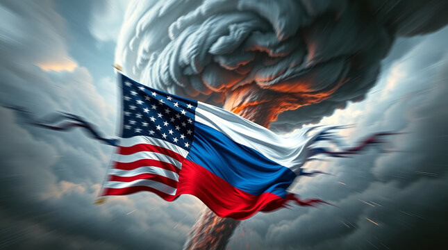 Die Flaggen der L&auml;nder Amerika und Russland. Im Hintergrund ist ein Wirbelsturm.