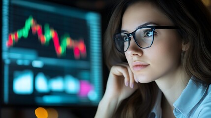 Woman analyzing data on computer screen at night (1)