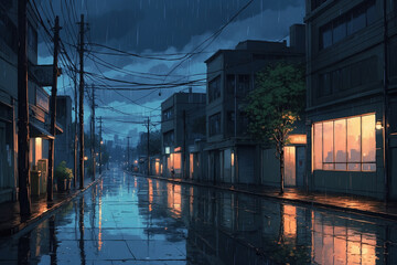 Obraz premium Melancholic anime rain scene soft raindrops fall on empty streets while puddles reflect the moody sky and distant lights