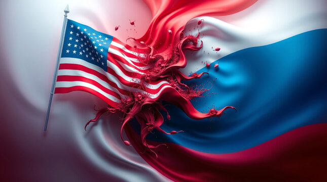Die Flaggen der L&auml;nder Amerika und Russland. Turbulente Zeiten. Friedliches Zusammenleben auf einer Erde mu&szlig; m&ouml;glich sein.