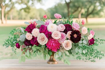 Obraz premium Beautiful floral arrangement featuring burgundy floral border, ideal for wedding decor. Concept embraces elegance and romance with vibrant blooms and natural greenery