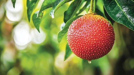 Obraz premium Close-up of a ripe bael fruit hanging from a tree, surrounded by green leaves