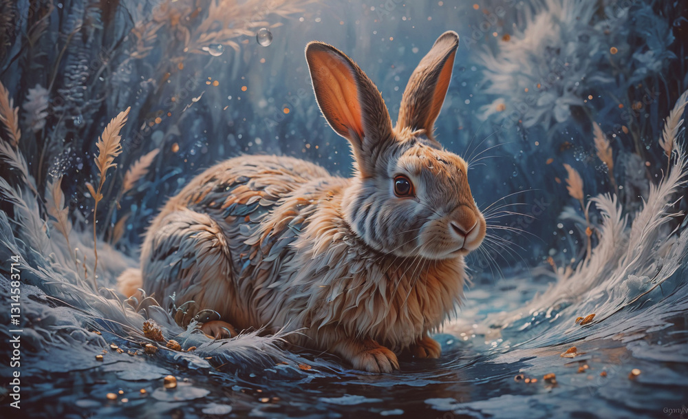 Poster rabbit is sitting in the snow, looking at the camera. the image has a peaceful and serene mood, as t